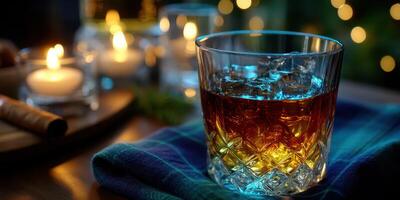 Whiskey served on a cozy evening with candles and a soft blue cloth in a warm atmosphere photo