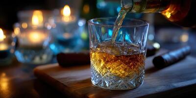 Enjoying a fine whiskey with cigars and soft candlelight ambiance in a cozy setting photo