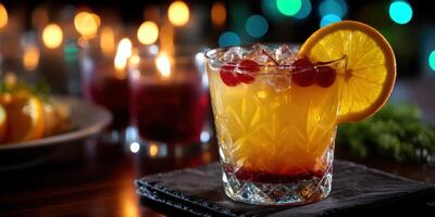 Refreshing cocktail served with garnishes at a vibrant bar during an evening gathering photo