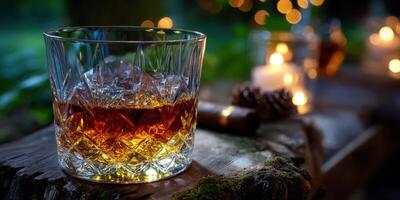 Enjoying a glass of whiskey in a tranquil outdoor setting at night surrounded by soft glow of candlelight photo