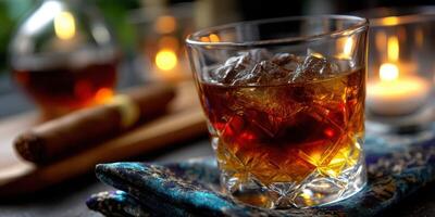 Enjoying a glass of whiskey with cigar among soft candlelight in a cozy setting photo