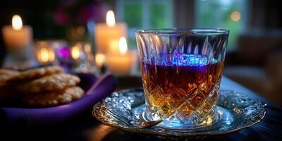 Elegant whiskey glass with cookies on a silver plate beside candles glowing softly in a cozy setting at night photo