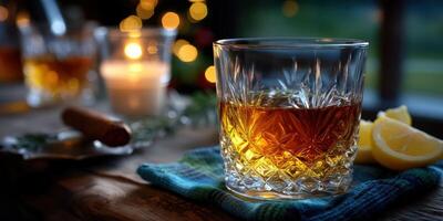 Warm evening gathering with whiskey, candlelight, and fresh lemon slices on a rustic wooden table photo
