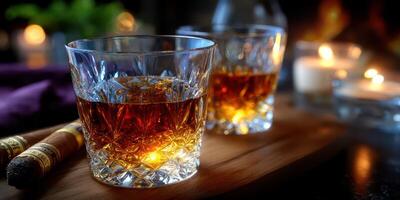 Elegant whiskey glasses with cigars and candles create a warm atmosphere for evening relaxation photo