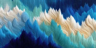 Colorful abstract textile design showcasing waves in shades of blue, cream, and white with varying textures photo