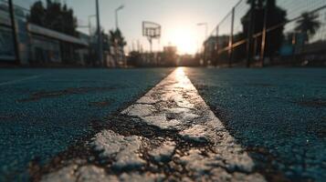 Sunset casts warm glow on worn basketball court with silhouetted hoop and urban backdrop photo