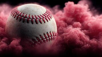 Baseball resting on colorful smoke background in sports-themed artwork photo