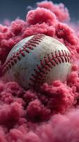 Baseball resting among vibrant pink smoke clouds in a dynamic and captivating composition during a twilight setting photo