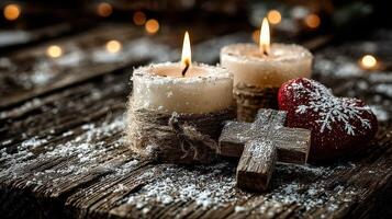 Warm candles and festive decorations create a cozy atmosphere on a winter evening photo