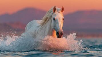 Majestic white horse galloping through tranquil water at sunset photo