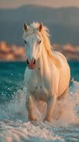 White horse galloping through shallow ocean waves at sunset on a calm evening photo