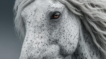 Majestic white horse with flowing mane gazes serenely against a muted backdrop photo