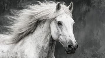 Majestic white horse in motion showcasing flowing mane against a dramatic background photo