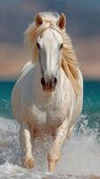 Majestic white horse gallops through ocean waves at sunset in a picturesque coastal setting photo