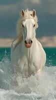 Majestic white horse running through turquoise waves under a cloudy sky in coastal scenery during daylight hours photo
