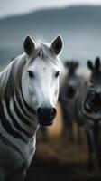 Striking image of a white horse with zebra stripes in a serene landscape with distant zebras in soft focus photo