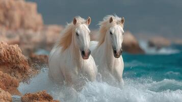 Majestic white horses galloping through ocean waves near rocky shoreline at dawn photo