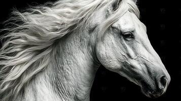 Majestic white horse with flowing mane against dark background captured in a detailed close-up photo