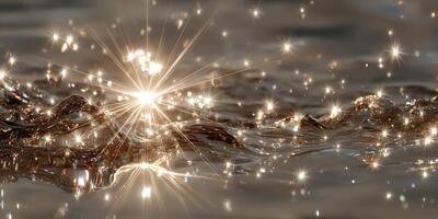 Sunlight reflects off rippling water creating a sparkling effect during early morning hours at a serene lake photo