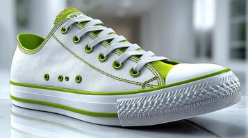 Stylish white sneakers with green accents showcased in a modern indoor setting photo