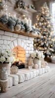Cozy winter fireplace decorated with soft lights and elegant holiday decorations in a modern living room photo