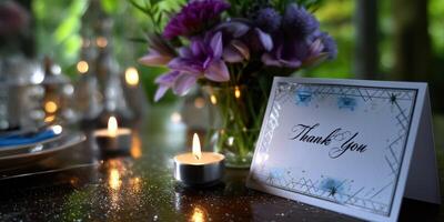 Elegant thank you card beside a floral centerpiece and lit candles in a serene setting photo