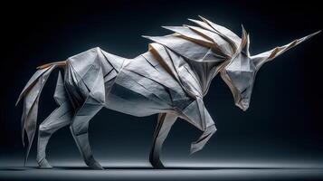 Intricate origami unicorn stands proudly, showcasing delicate folds and artistic craftsmanship in a dimly lit environment photo