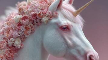 Beautiful unicorn adorned with pink and white flowers in a dreamy setting photo