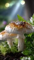Mushrooms growing in a lush forest with soft sunlight filtering through the trees photo