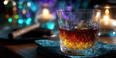 Rich amber drink with ice sits on a textured surface next to a cigar and soft glowing lights photo