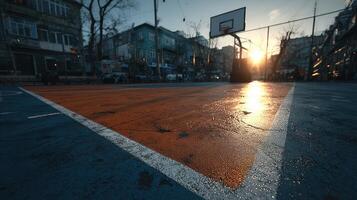 Basketball court in urban setting at sunset with wet ground reflecting light and nearby buildings in view photo