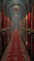 Elegant corridor with ornate architecture and reflective floor lit by chandeliers in a luxurious interior setting photo