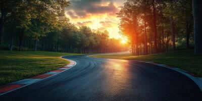 Curving road through a forest at sunset illuminating the pathway with warm tones photo