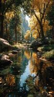 Serene autumn landscape with vibrant foliage reflecting in a tranquil stream at midday photo
