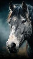 Majestic gray horse with expressive eyes in a misty pasture during early morning light photo
