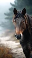 Majestic horse stands calmly in a misty forest setting during early morning light in a serene natural landscape photo