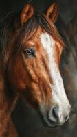 Close-up of a brown horse with a white star on its forehead in soft lighting photo