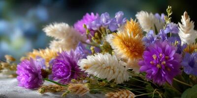 Brightly colored wildflowers arranged elegantly for a springtime display in a serene natural setting photo