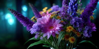 Brightly colored bouquet of flowers arranged in a vase with vibrant hues in a mystical forest background during twilight hours photo