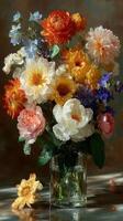 Vibrant bouquet of fresh flowers arranged in a glass vase on a reflective surface with soft lighting photo