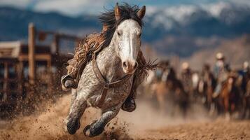 Horse gallops fiercely across dusty ranch during cattle roundup in summer sunlight with mountains in the background photo