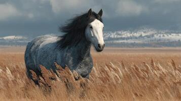 Running grey horse in tall grass under a cloudy sky in a serene landscape photo