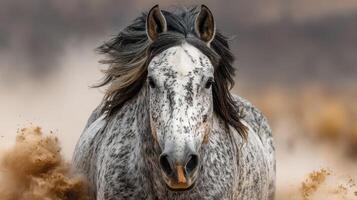 Galloping gray horse running freely through dust in an open landscape during golden hour photo