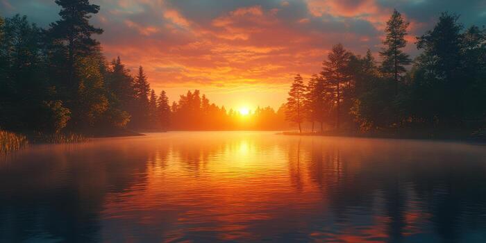 Vibrant sunset reflecting on a tranquil lake surrounded by lush trees in a serene natural setting photo