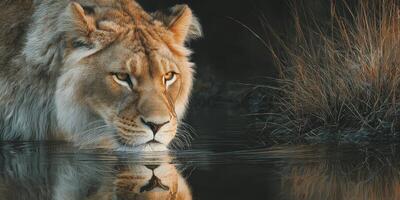 Majestic lioness drinking water by the serene lake at dusk in a tranquil wildlife setting photo