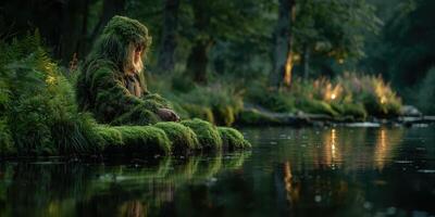Mysterious figure in nature sitting quietly by the river during twilight in a lush, green landscape photo