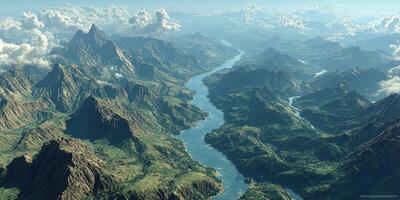 Majestic mountain landscape with winding river through valleys and peaks in bright daylight photo