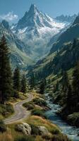 Majestic mountain landscape with winding road and clear stream in a serene valley during daylight photo