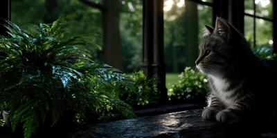 Cat gazes out of window while sunlight filters through greenery in a peaceful outdoor setting photo