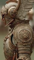 Intricate armored warrior ready for battle during a historical reenactment in a sunny outdoor arena photo
